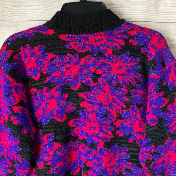 Vintage Floral Sweater Mock Turtleneck 80s 90s Neon Pink Purple Glitter Retro - Picture 7 of 15